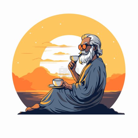 Téléchargez les illustrations : Un Indien buvant du café au coucher du soleil. Illustration vectorielle dans le style dessin animé. - en licence libre de droit