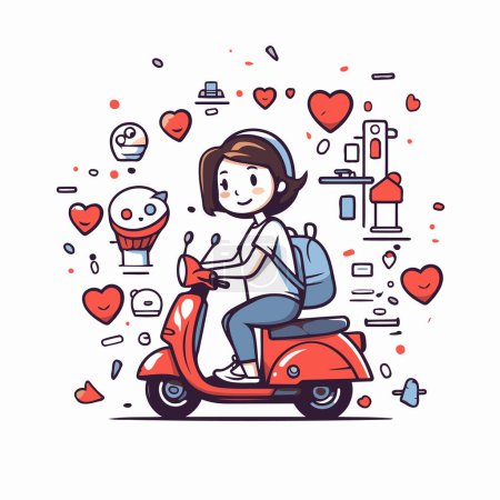 Téléchargez les illustrations : Mignon garçon en scooter dans la ville. Illustration vectorielle - en licence libre de droit