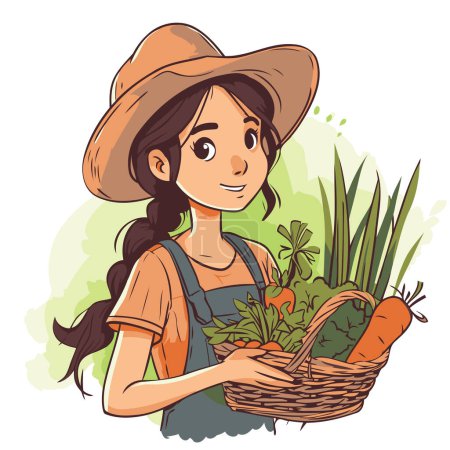 Illustration for Woman farmer with basket of carrots. Vector illustration in cartoon style. - Royalty Free Image
