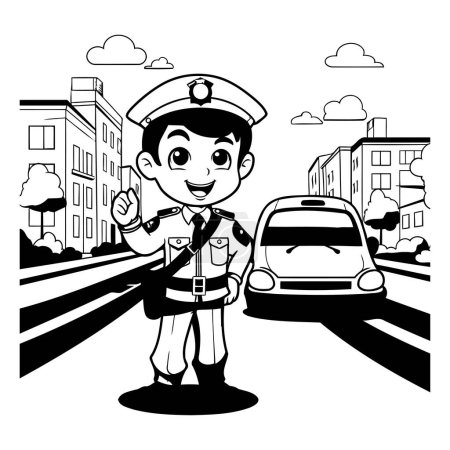 Téléchargez les illustrations : Mignon dessin animé policier dans la ville paysage de rue illustration vectorielle graphisme - en licence libre de droit