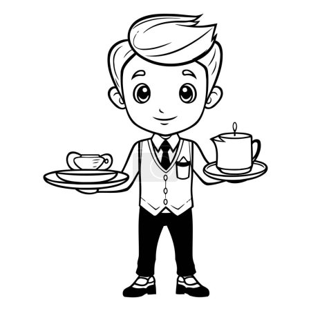 Téléchargez les illustrations : Illustration d'un serveur tenant un plateau avec une tasse de café - en licence libre de droit