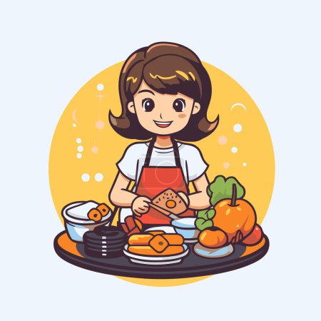 Ilustración de Linda niña cocinando comida saludable. Ilustración vectorial en estilo de dibujos animados. - Imagen libre de derechos