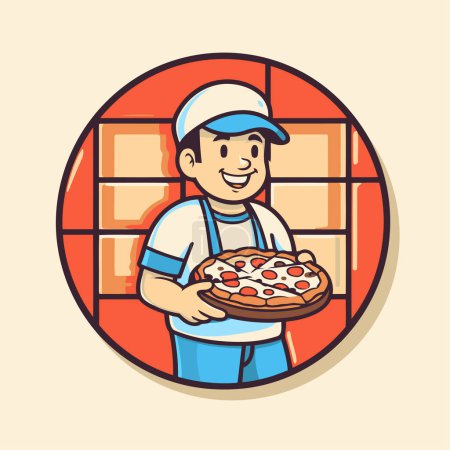Téléchargez les illustrations : Livreur de pizza tenant la pizza. Illustration vectorielle dans le style dessin animé. - en licence libre de droit