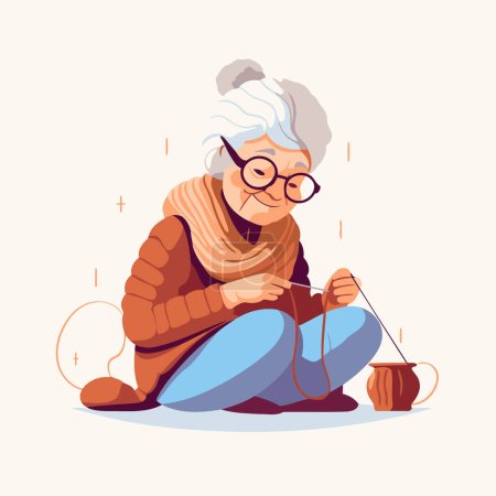 Elderly woman knitting. Vector illustration in flat cartoon style.
