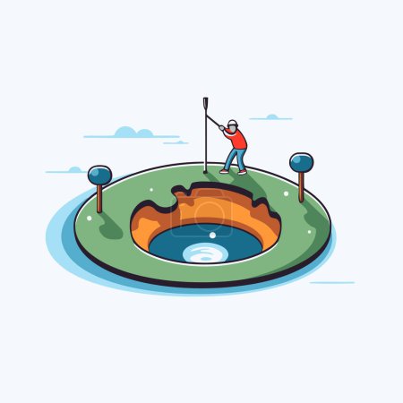 Téléchargez les illustrations : Illustration vectorielle de terrain de golf. Style de conception plat avec des personnes jouant au golf. - en licence libre de droit
