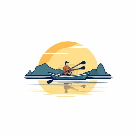 Illustration for Man rowing on a kayak in the river. Flat vector illustration. - Royalty Free Image