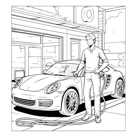 Illustration for Vector illustration of a man standing next to his car at the gas station - Royalty Free Image
