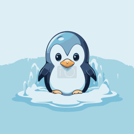 Téléchargez les illustrations : Mignon pingouin dans l'eau. Illustration vectorielle sur fond bleu. - en licence libre de droit