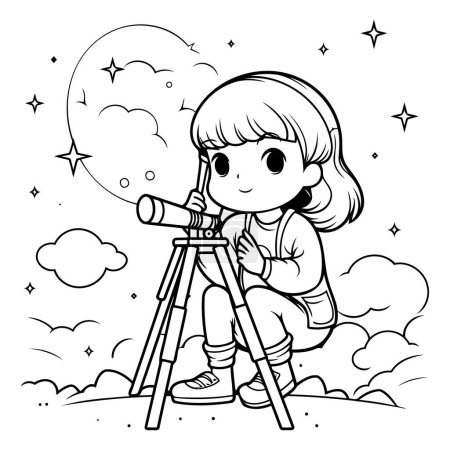 Cute little girl with telescope. Coloring book for children.