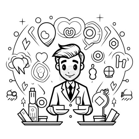 Illustration for Line art illustration of a waiter standing in front of a tray full of food. - Royalty Free Image