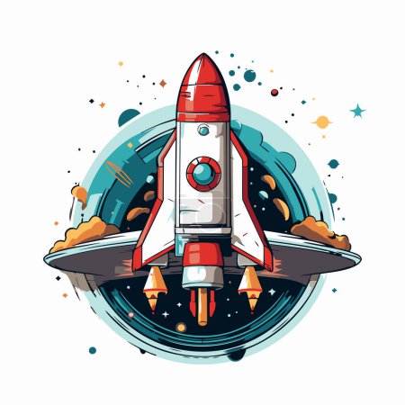 Illustration for Rocket in space. Vector illustration in cartoon style on white background. - Royalty Free Image