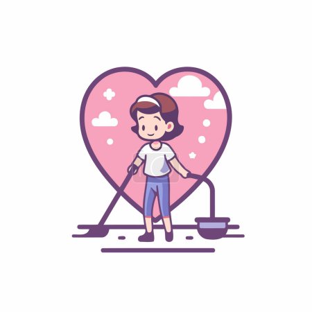 Téléchargez les illustrations : Joli petit garçon avec une pelle et un coeur rose. Illustration vectorielle. - en licence libre de droit
