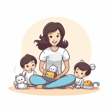 Illustration for Mother and children playing with toys. Vector illustration in cartoon style. - Royalty Free Image