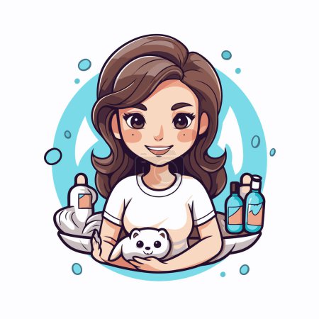 Illustration for Beautiful girl cartoon character with cosmetic products. Vector illustration on white background. - Royalty Free Image