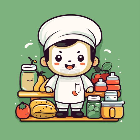 Illustration for Cartoon chef with healthy food on the shelf. Vector illustration. - Royalty Free Image
