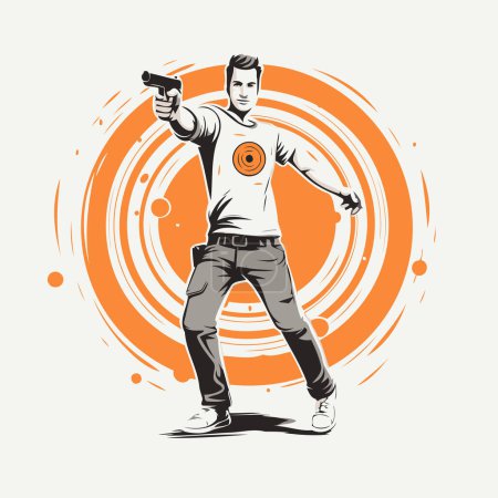 Téléchargez les illustrations : Policier avec une arme sur fond orange. illustration vectorielle - en licence libre de droit