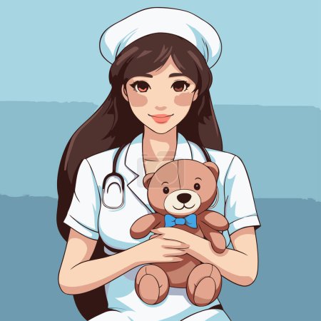 Téléchargez les illustrations : Infirmière avec ours en peluche. Illustration vectorielle dans le style dessin animé. - en licence libre de droit