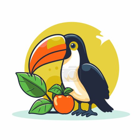 Téléchargez les illustrations : Oiseau toucan aux fruits. Illustration vectorielle dans le style dessin animé. - en licence libre de droit