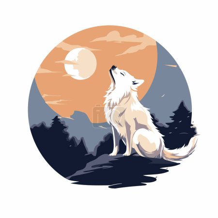 Ilustración de Ilustración vectorial de un lobo sobre un fondo de montañas y la luna - Imagen libre de derechos