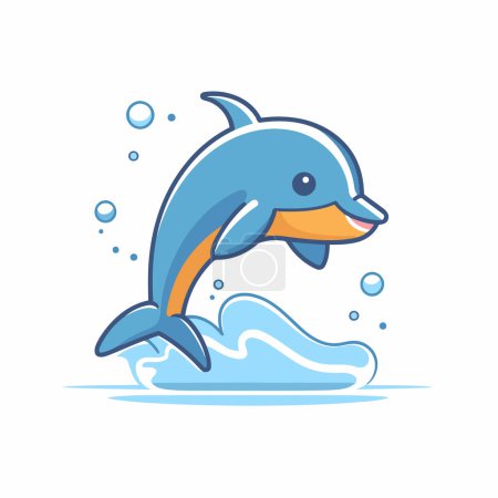 Ilustración de Lindo delfín de dibujos animados saltando del agua. Ilustración vectorial. - Imagen libre de derechos