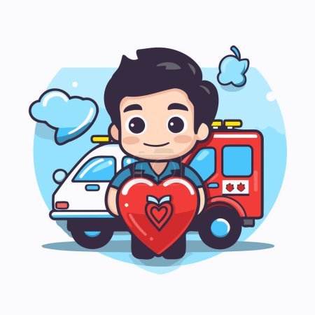 Téléchargez les illustrations : Joli garçon avec coeur et ambulance. Illustration vectorielle dans le style dessin animé - en licence libre de droit