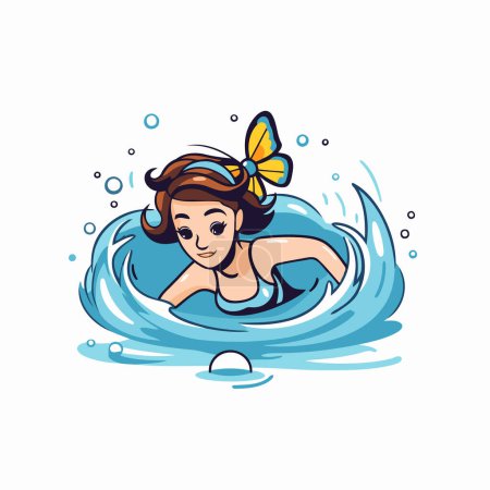 Téléchargez les illustrations : Cartoon girl nageant dans la piscine. Illustration vectorielle isolée sur fond blanc. - en licence libre de droit