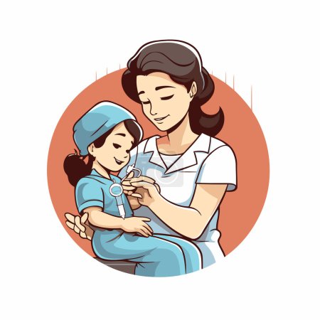 Téléchargez les illustrations : Illustration vectorielle d'une femme médecin tenant un enfant dans ses bras. - en licence libre de droit