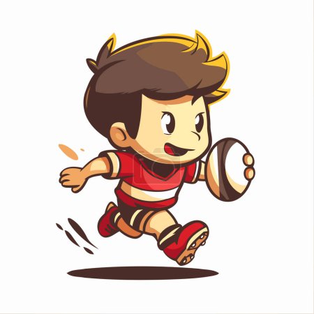 Téléchargez les illustrations : Illustration d'un petit garçon courant avec un ballon de rugby à la main - en licence libre de droit