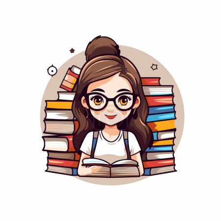 Téléchargez les illustrations : Illustration vectorielle d'une fille avec des lunettes lisant un livre. Cartoon style. - en licence libre de droit