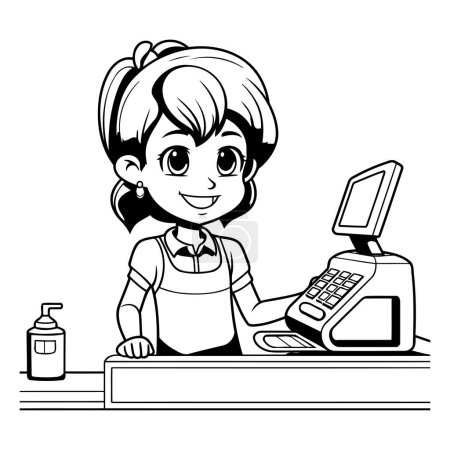 Illustration for Girl cashier at cash register. Black and white vector illustration. - Royalty Free Image