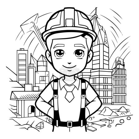 Téléchargez les illustrations : Travailleur de la construction avec casque et équipement de sécurité dans le paysage urbain illustration vectorielle illustration graphique - en licence libre de droit