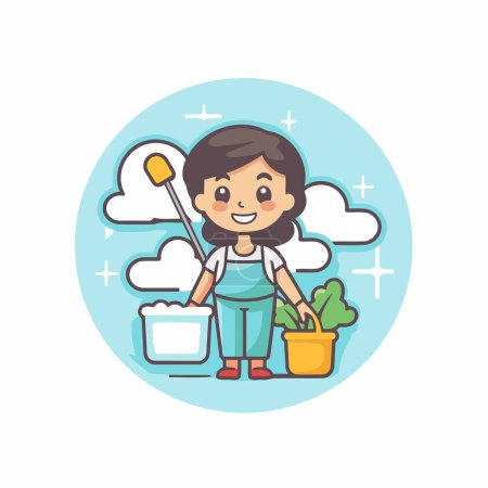 Illustration for Cute little girl cleaning the house. Vector illustration in cartoon style. - Royalty Free Image