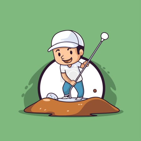 Kleiner Junge beim Golfen im Loch. Vektorillustration im Cartoon-Stil.