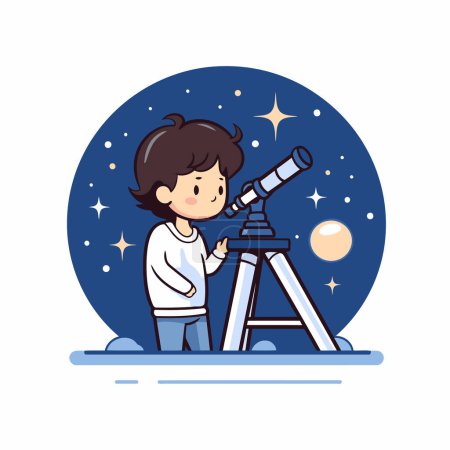 Ilustración de Chico mirando a través de un telescopio. Concepto de astronomía. Ilustración vectorial. - Imagen libre de derechos