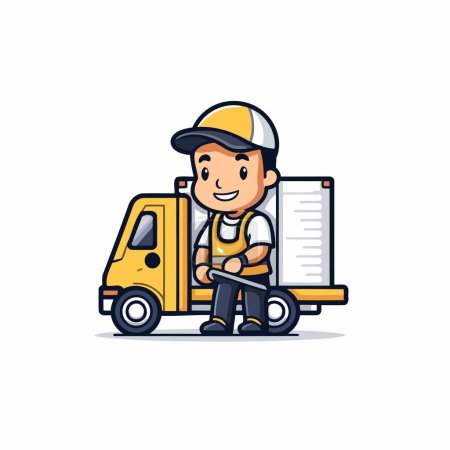 Illustration for Cargo delivery man with forklift truck. Flat style vector illustration. - Royalty Free Image