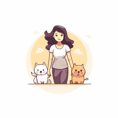 Téléchargez les illustrations : Jeune femme marchant avec son chat. Illustration vectorielle dans le style dessin animé. - en licence libre de droit