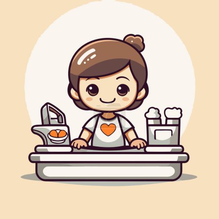 Illustration for Cute girl washing clothes on the ironing machine. Vector illustration. - Royalty Free Image