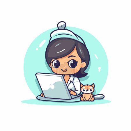 Téléchargez les illustrations : Petite fille mignonne travaillant sur un ordinateur portable avec chat. Illustration vectorielle. - en licence libre de droit