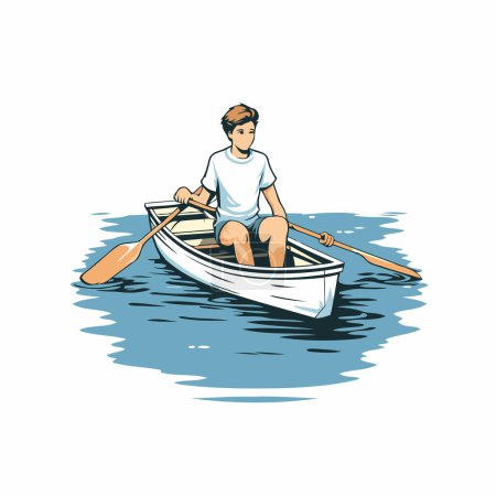 Ilustración de Un hombre remando en un bote en el agua. Ilustración vectorial. - Imagen libre de derechos
