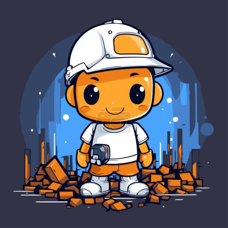 Illustration for Cute little robot in a construction site. Vector cartoon illustration. - Royalty Free Image