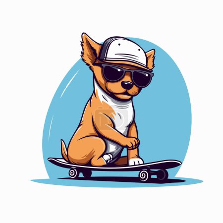 Illustration for Vector illustration of a cute dog in a cap and sunglasses sitting on a skateboard. - Royalty Free Image