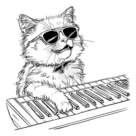 Téléchargez les illustrations : Illustration vectorielle d'un chat en lunettes de soleil jouant du synthétiseur sur fond blanc - en licence libre de droit