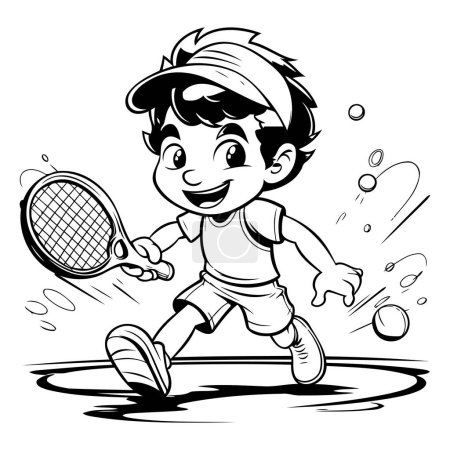 Téléchargez les illustrations : Dessin animé noir et blanc Illustration d'un enfant jouant au tennis pour livre à colorier - en licence libre de droit