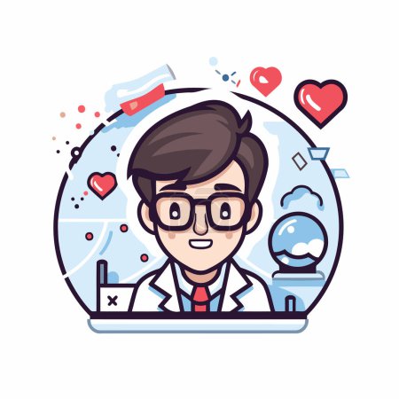 Illustration for Vector flat style cartoon illustration of young man doctor in glasses and lab coat. - Royalty Free Image