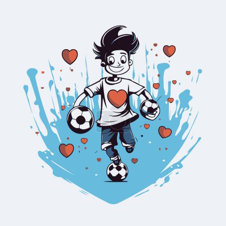 Illustration for Vector illustration of a boy playing football with hearts and splashes. - Royalty Free Image