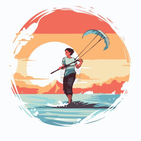 Illustration for Kite surfer at sunset. Vector illustration in flat style. - Royalty Free Image