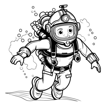 Téléchargez les illustrations : Illustration de bande dessinée en noir et blanc d'un garçon astronaute mignon pour livre à colorier - en licence libre de droit
