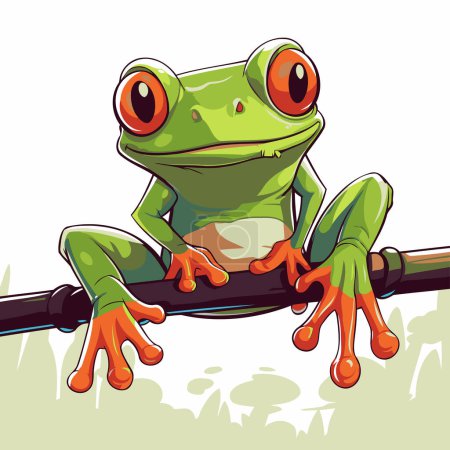 Karikatur lustiger grüner Frosch sitzt auf dem Zaun. Vektorillustration.