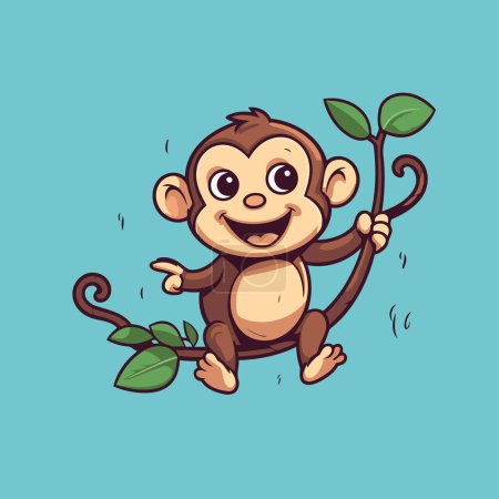 Ilustración de Lindo mono de dibujos animados con hojas verdes sobre fondo azul. Ilustración vectorial. - Imagen libre de derechos