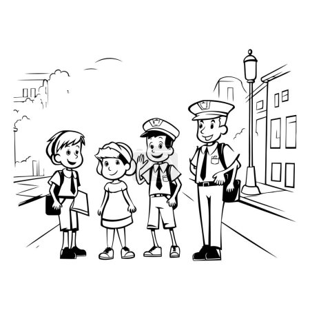 Ilustración de Oficial de policía de dibujos animados con niños en la calle vector ilustración diseño gráfico - Imagen libre de derechos